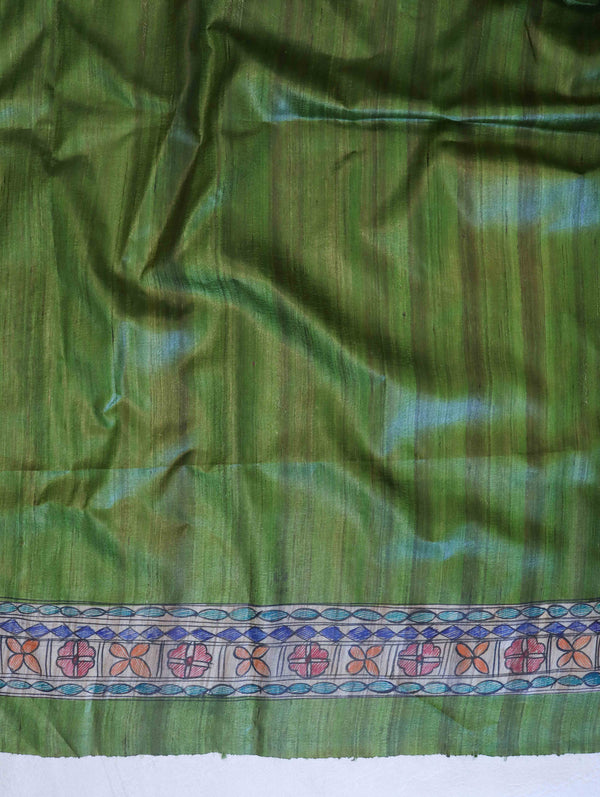 Bhagalpur Handloom Pure Tussar Silk Saree With Hand Block Painted Madhubani Design-Green