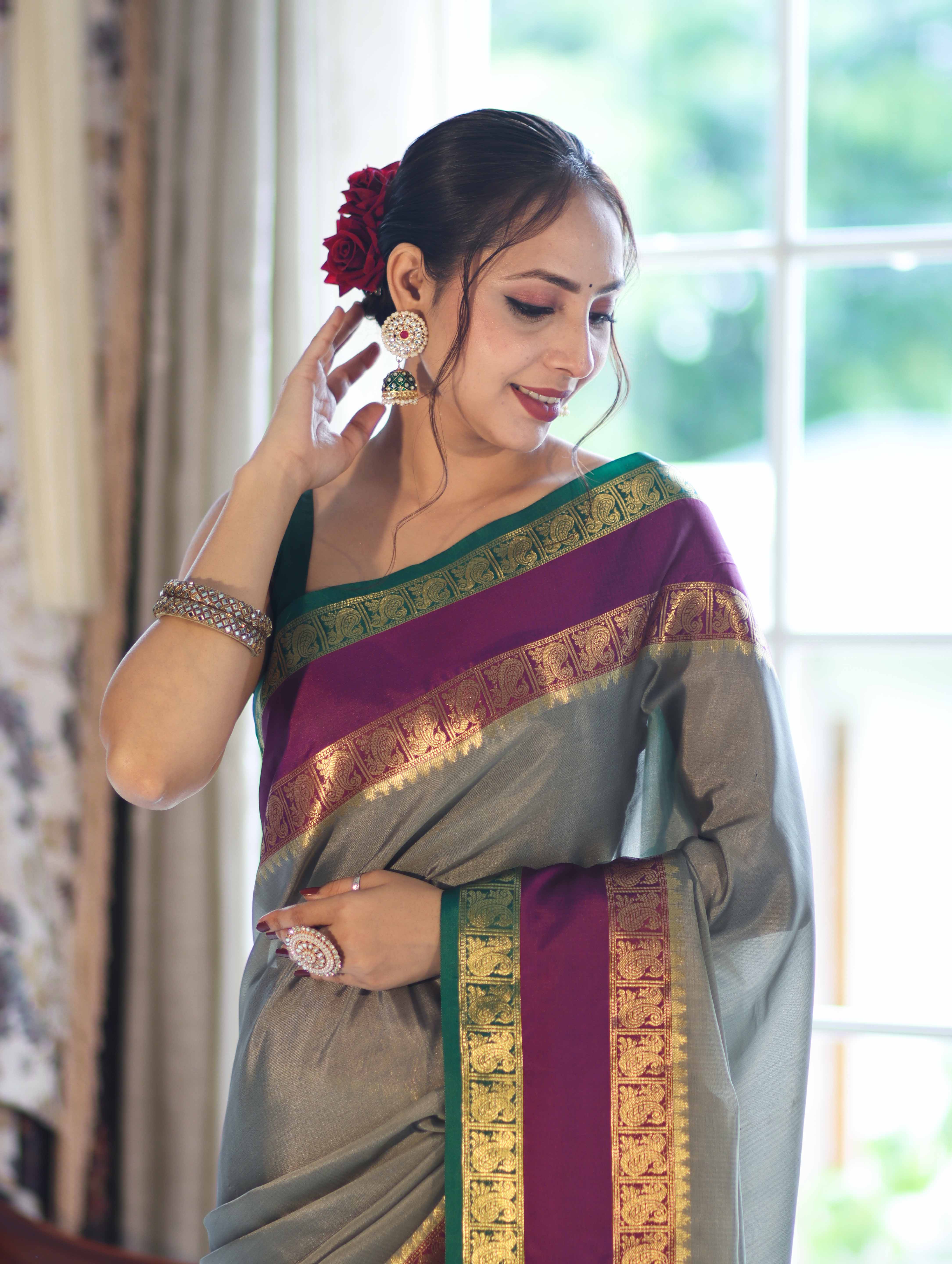 Banarasee Handloom Plain Semi Silk Saree With Contrast Temple Border-Grey