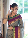 Banarasee Handloom Plain Semi Silk Saree With Contrast Temple Border-Grey
