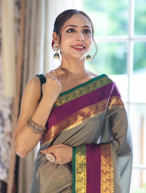 Banarasee Handloom Plain Semi Silk Saree With Contrast Temple Border-Grey