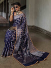 Banarasee Handwoven Semi Silk Saree With Zari Jaal Design & Lace-Navy Blue