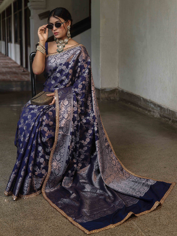 Banarasee Handwoven Semi Silk Saree With Zari Jaal Design & Lace-Navy Blue
