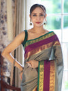 Banarasee Handloom Plain Semi Silk Saree With Contrast Temple Border-Grey