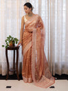 Banarasee Handwoven Crushed Tissue Saree With Hand Embroidered Buti Design & Border-Rust
