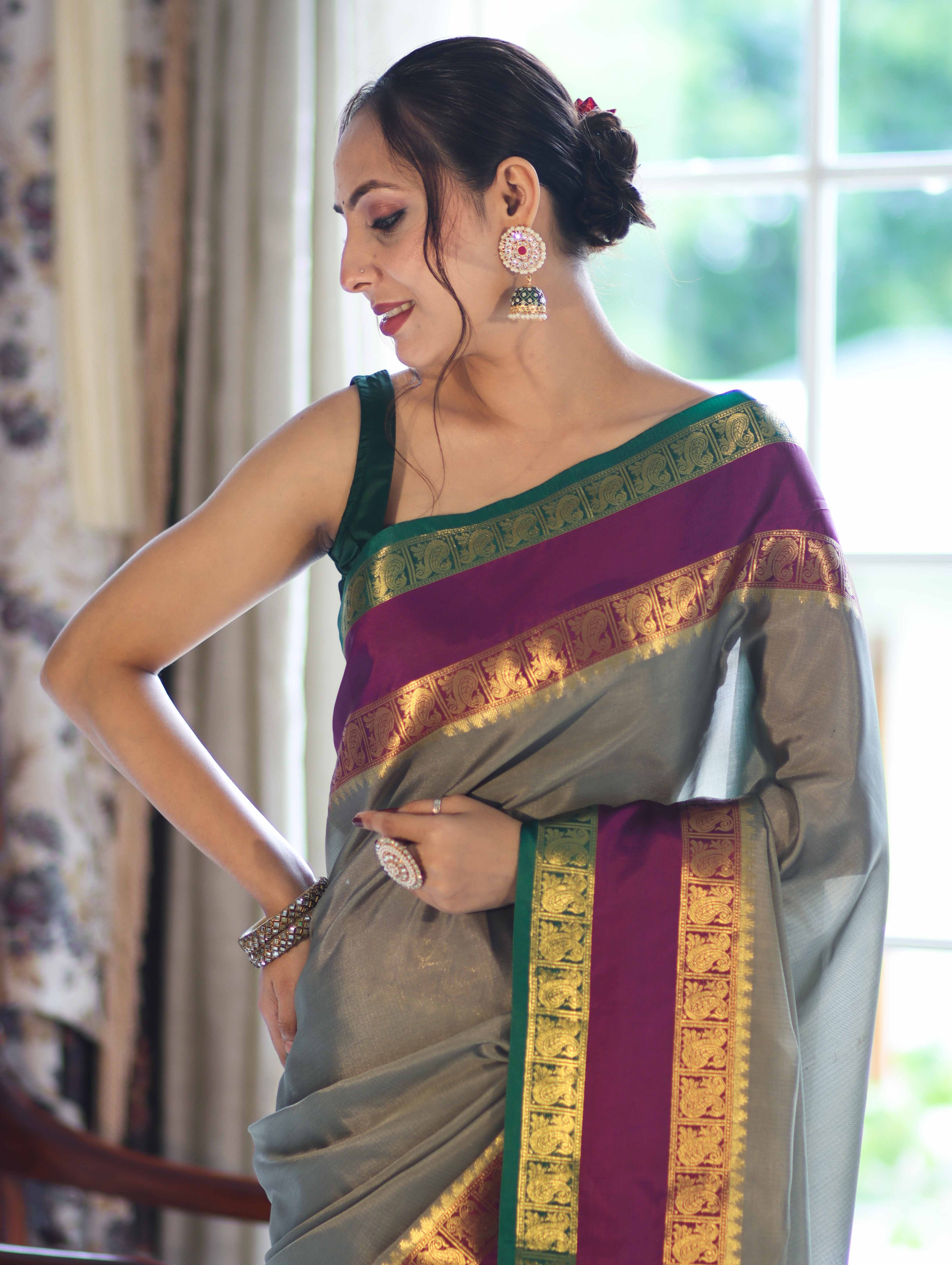 Banarasee Handloom Plain Semi Silk Saree With Contrast Temple Border-Grey