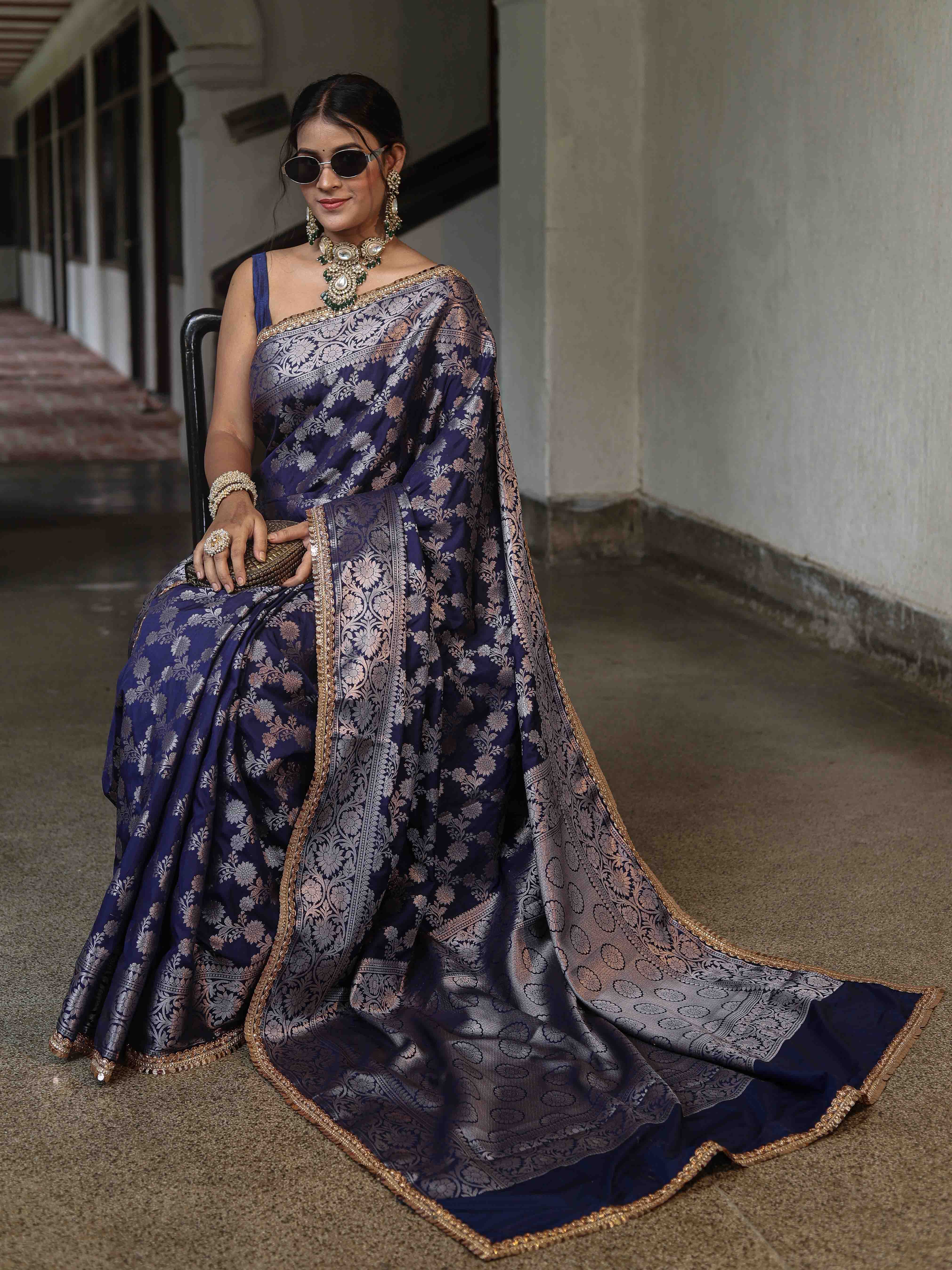 Banarasee Handwoven Semi Silk Saree With Zari Jaal Design & Lace-Navy Blue