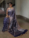 Banarasee Handwoven Semi Silk Saree With Zari Jaal Design & Lace-Navy Blue