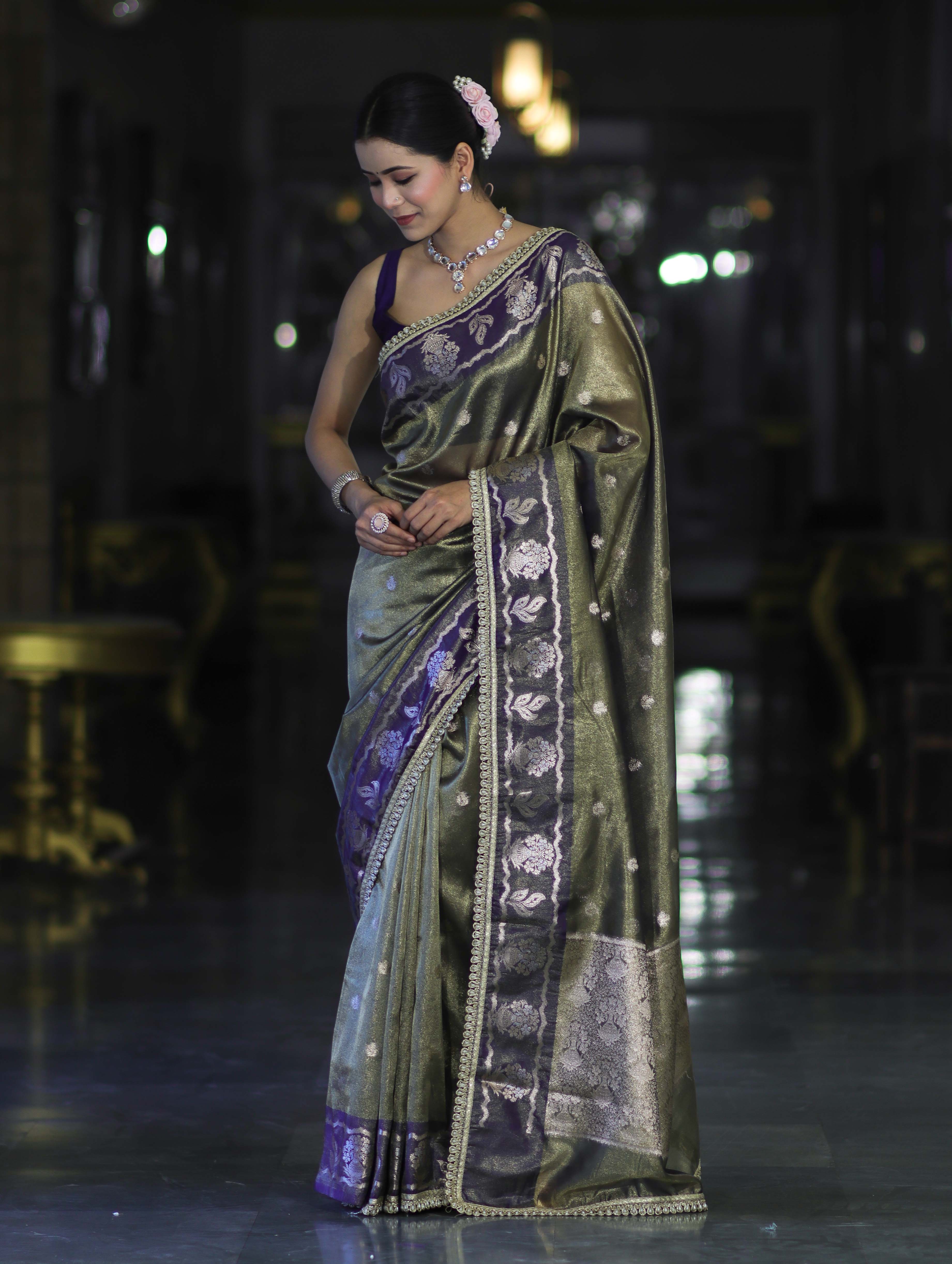 Banarasee Handloom Tissue Saree With Buti Design Contrast Border & Lace-Olive Green