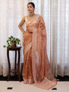 Banarasee Handwoven Crushed Tissue Saree With Hand Embroidered Buti Design & Border-Rust
