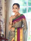 Banarasee Handloom Plain Semi Silk Saree With Contrast Temple Border-Grey