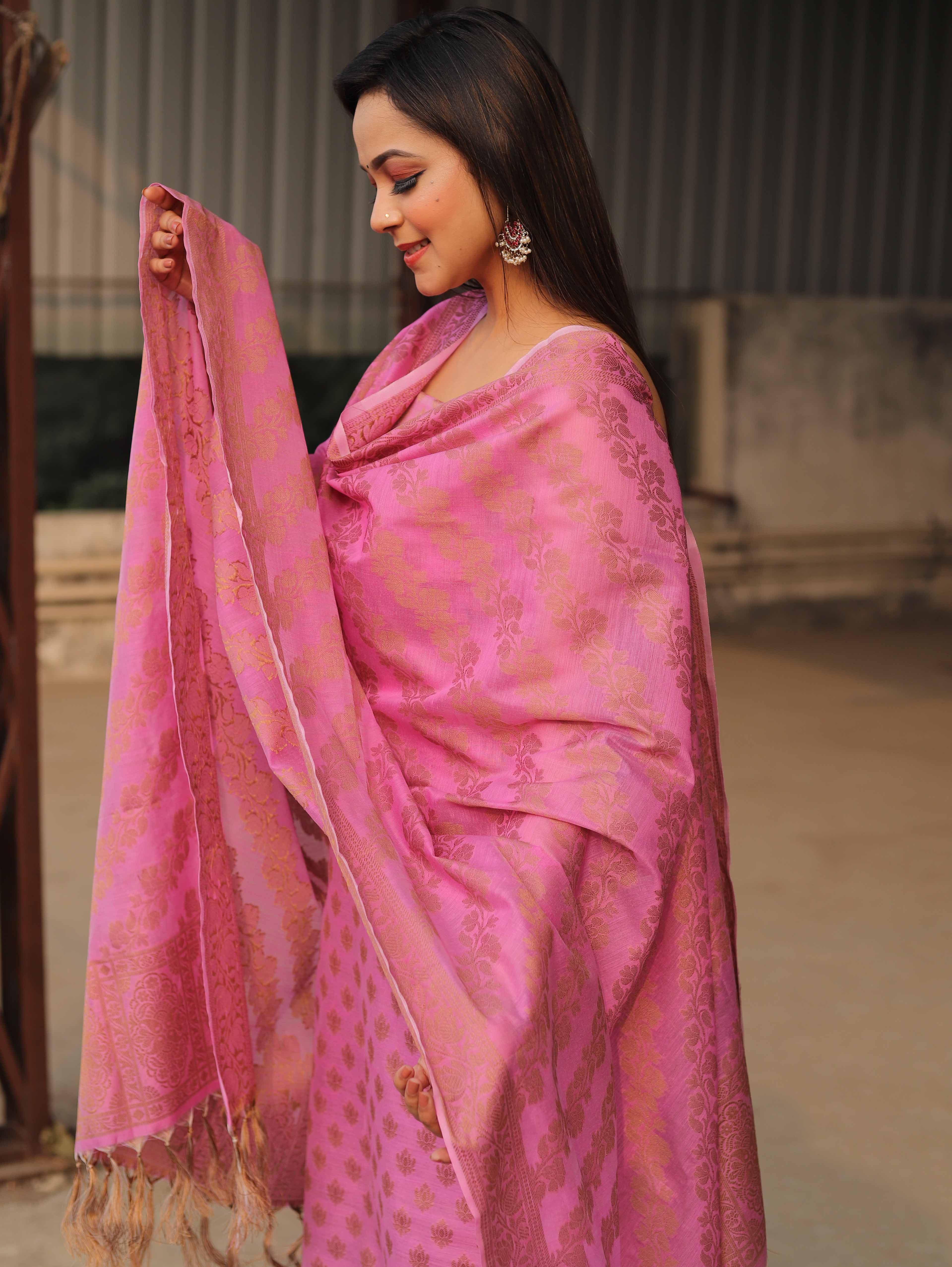 Banarasee Soft Cotton Ghichha Work Salwar Kameez Fabric With Dupatta-Pink
