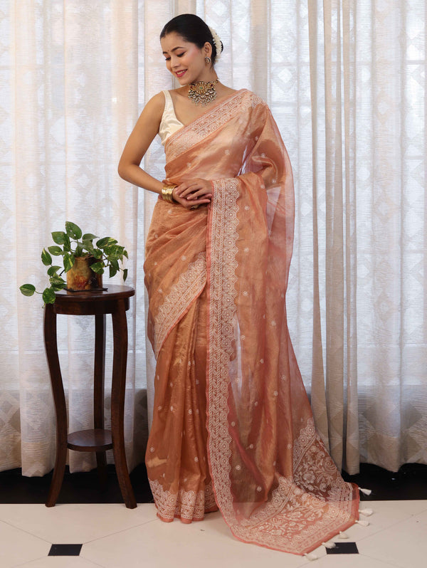 Banarasee Handwoven Crushed Tissue Saree With Hand Embroidered Buti Design & Border-Rust