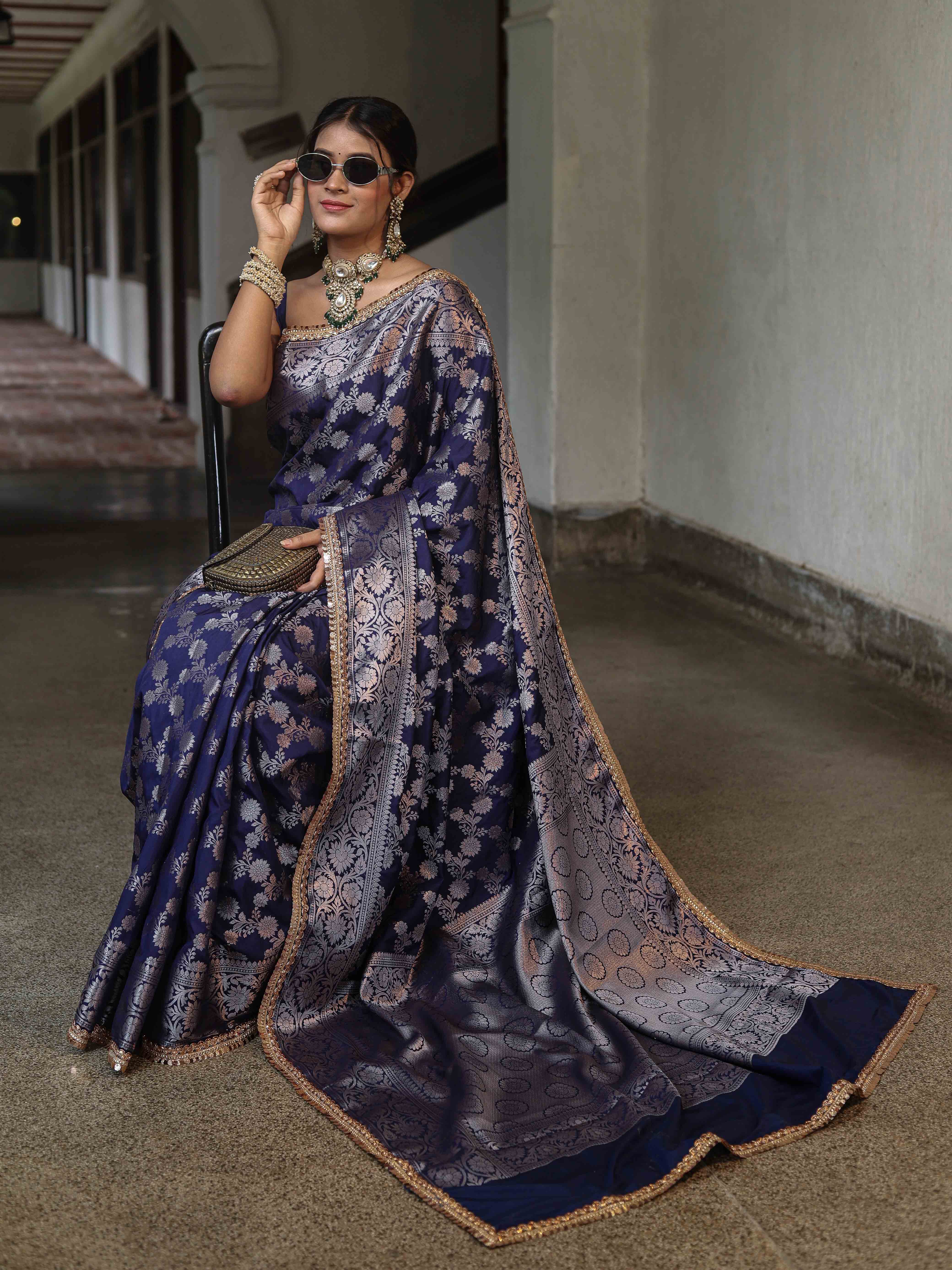 Banarasee Handwoven Semi Silk Saree With Zari Jaal Design & Lace-Navy Blue