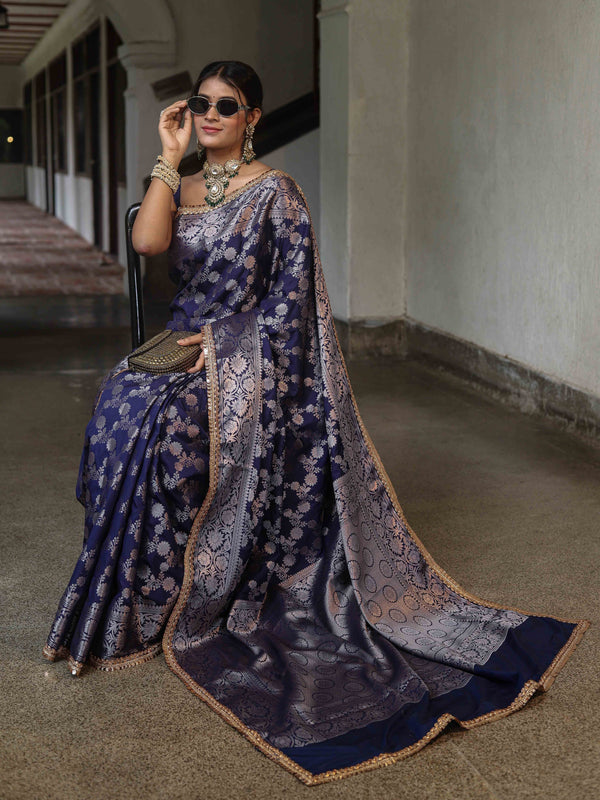 Banarasee Handwoven Semi Silk Saree With Zari Jaal Design & Lace-Navy Blue