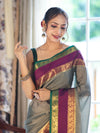 Banarasee Handloom Plain Semi Silk Saree With Contrast Temple Border-Grey