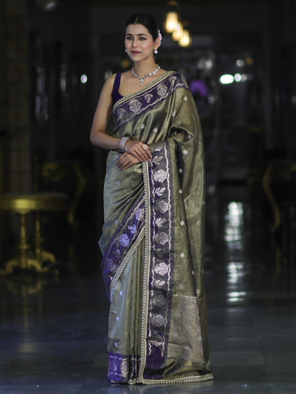 Banarasee Handloom Tissue Saree With Buti Design Contrast Border & Lace-Olive Green
