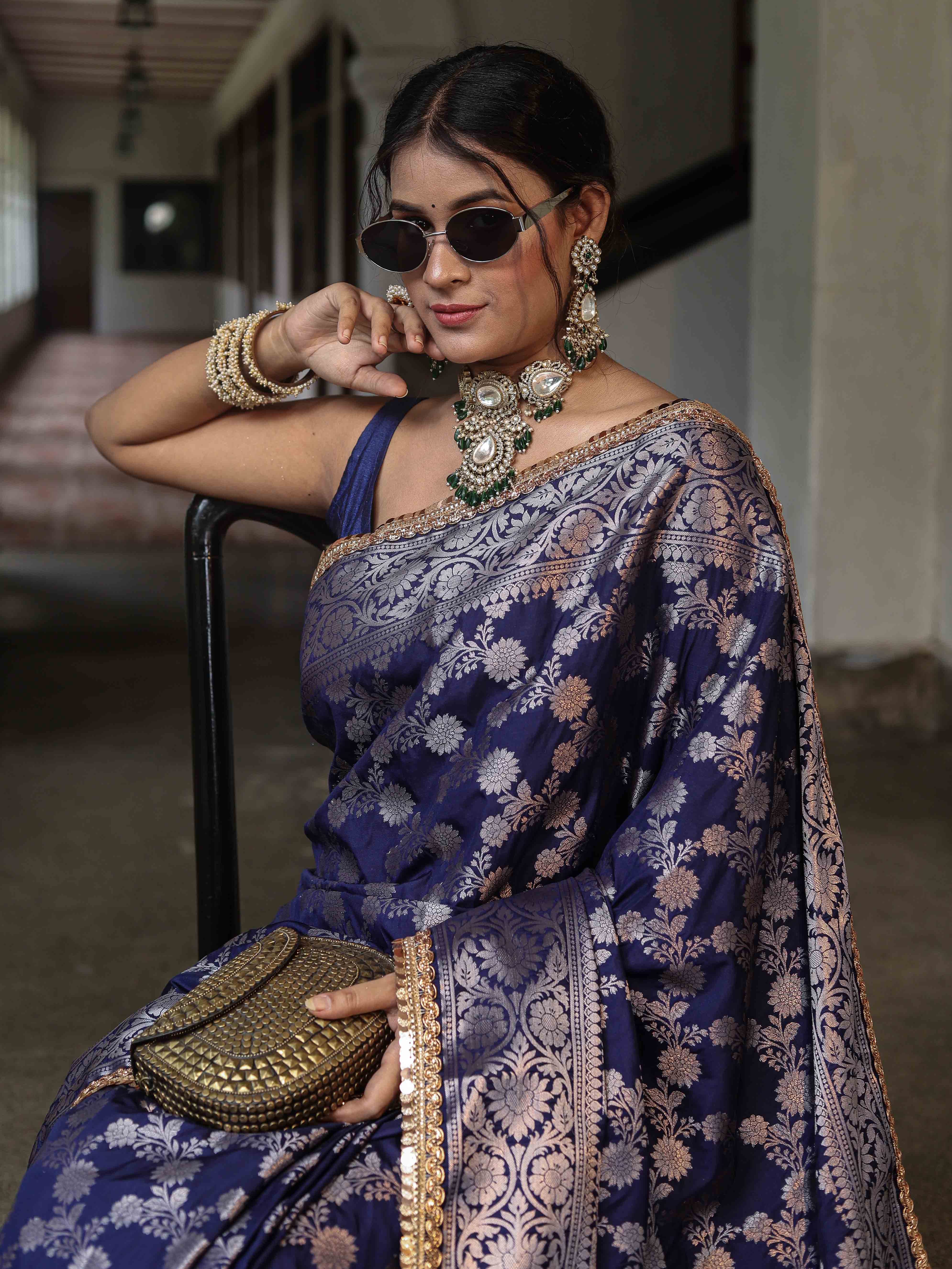 Banarasee Handwoven Semi Silk Saree With Zari Jaal Design & Lace-Navy Blue