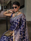 Banarasee Handwoven Semi Silk Saree With Zari Jaal Design & Lace-Navy Blue