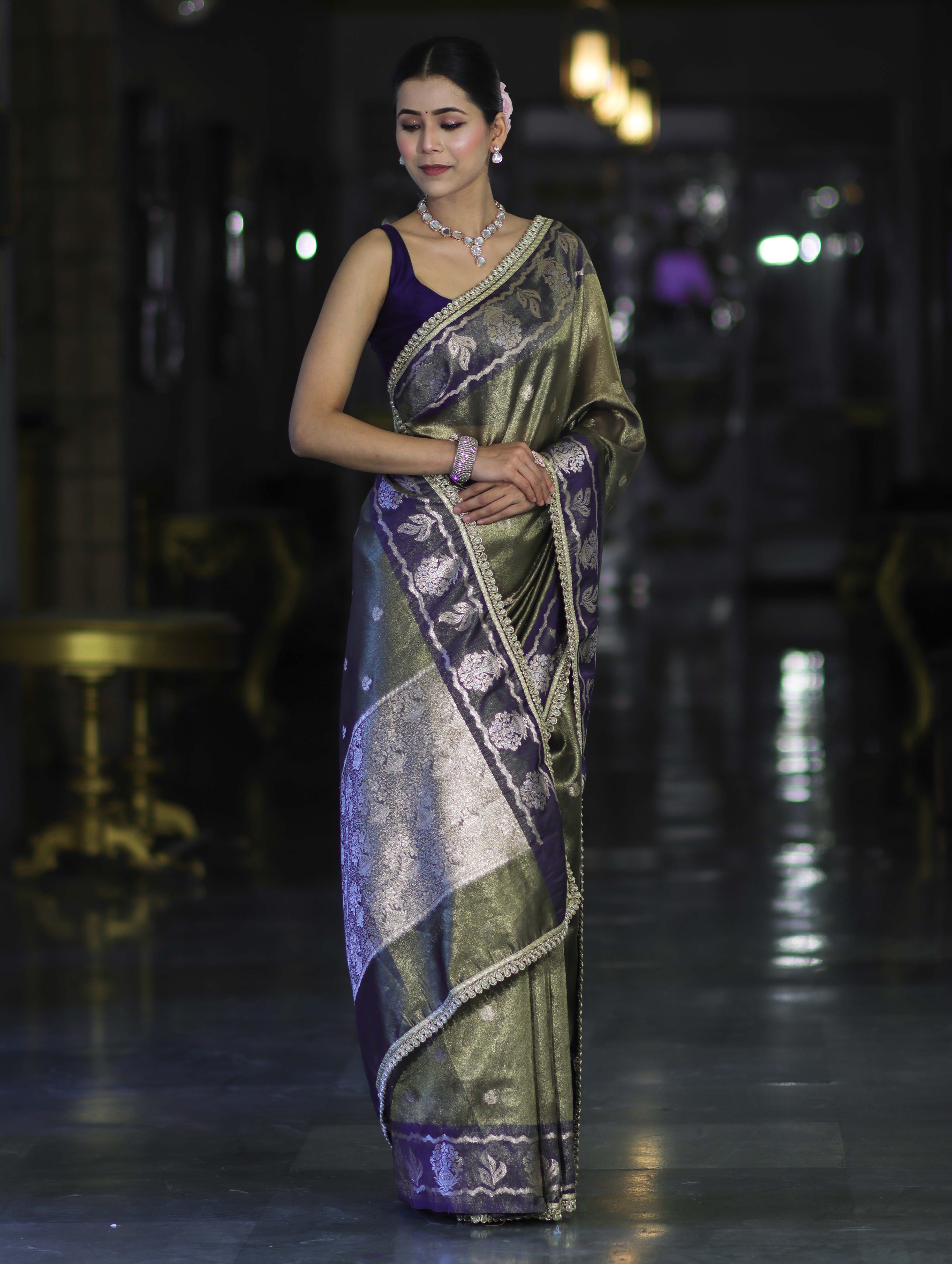 Banarasee Handloom Tissue Saree With Buti Design Contrast Border & Lace-Olive Green