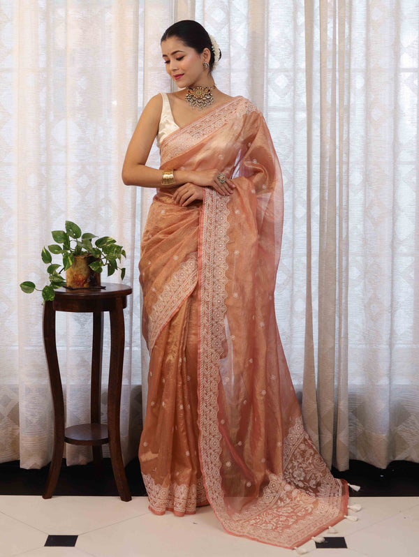 Banarasee Handwoven Crushed Tissue Saree With Hand Embroidered Buti Design & Border-Rust