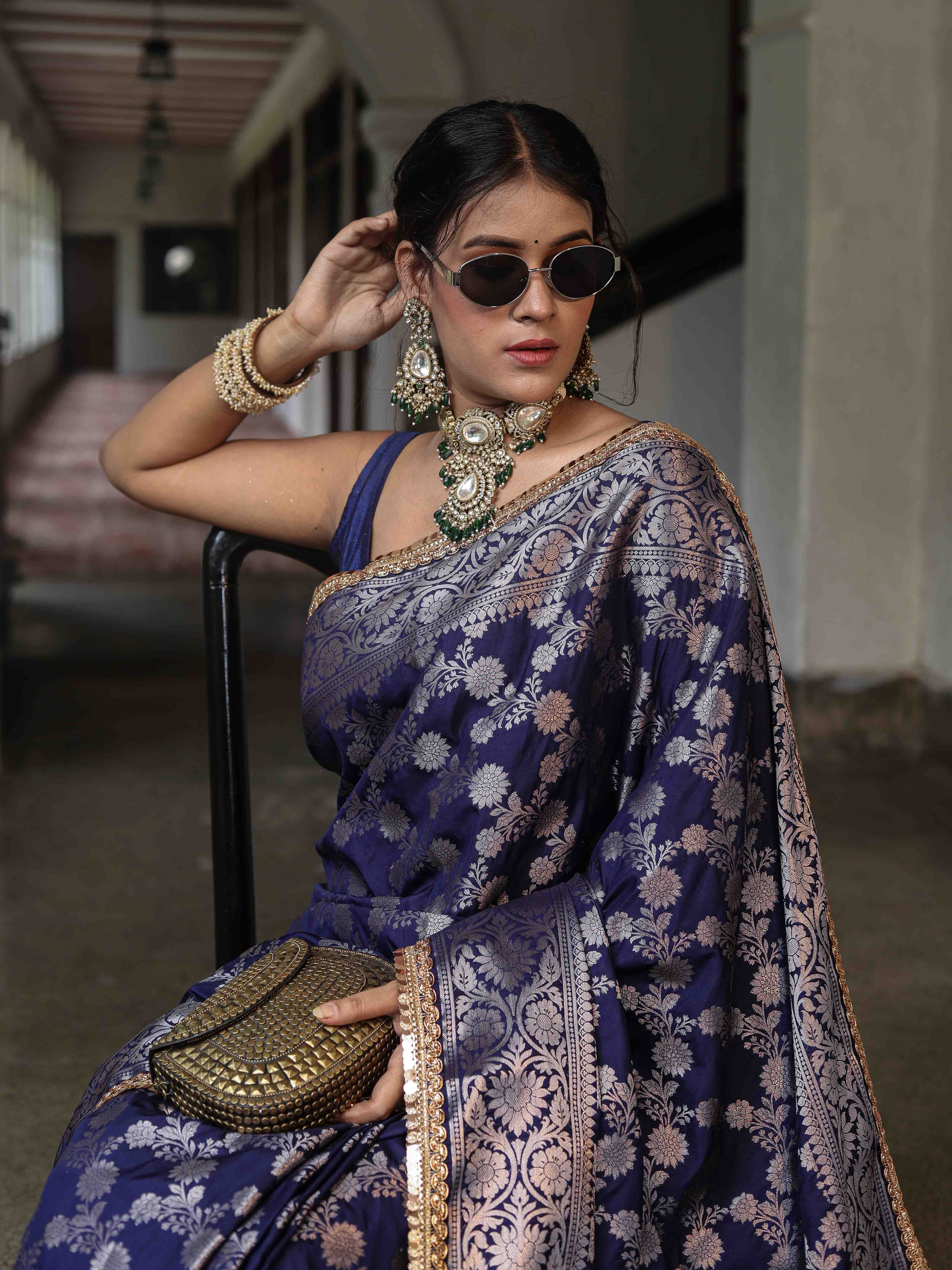 Banarasee Handwoven Semi Silk Saree With Zari Jaal Design & Lace-Navy Blue