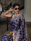 Banarasee Handwoven Semi Silk Saree With Zari Jaal Design & Lace-Navy Blue