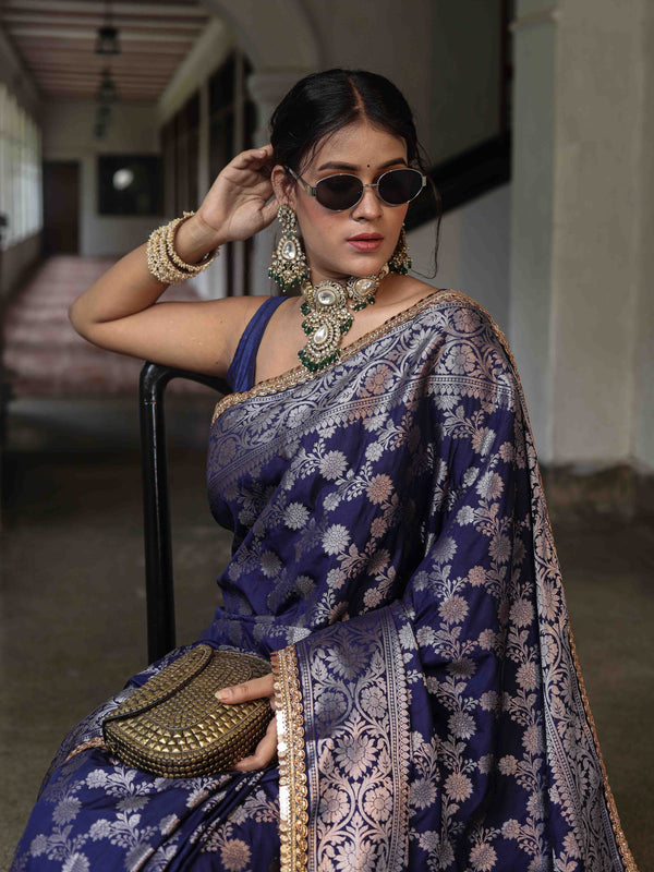 Banarasee Handwoven Semi Silk Saree With Zari Jaal Design & Lace-Navy Blue