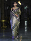 Banarasee Handloom Tissue Saree With Buti Design Contrast Border & Lace-Olive Green