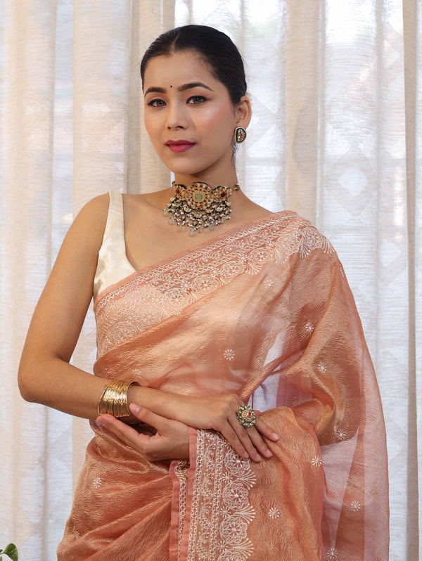 Banarasee Handwoven Crushed Tissue Saree With Hand Embroidered Buti Design & Border-Rust