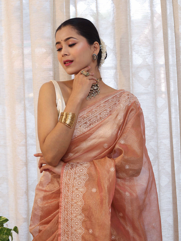 Banarasee Handwoven Crushed Tissue Saree With Hand Embroidered Buti Design & Border-Rust