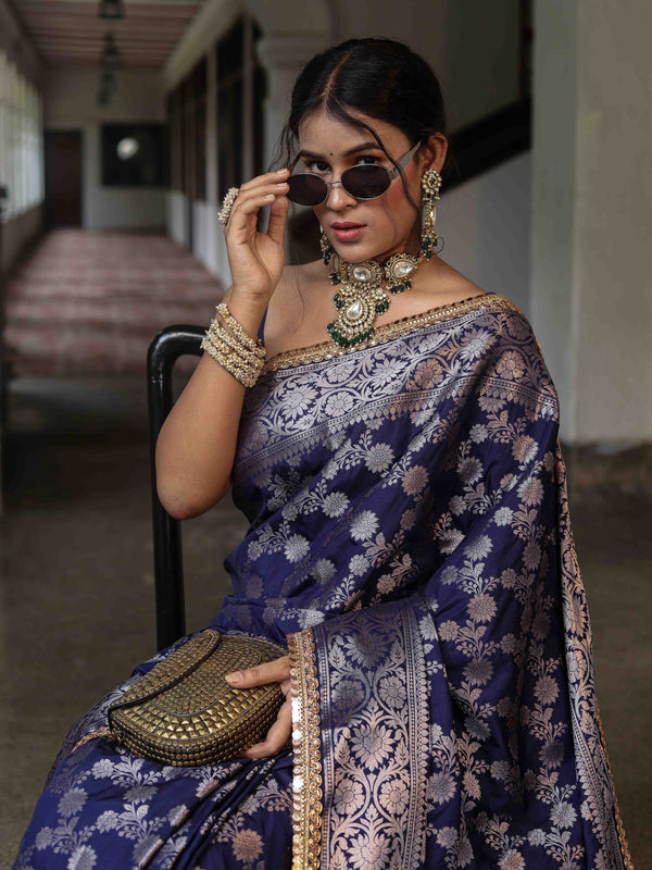 Banarasee Handwoven Semi Silk Saree With Zari Jaal Design & Lace-Navy Blue