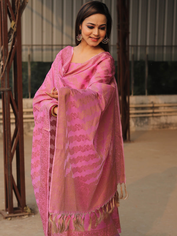Banarasee Soft Cotton Ghichha Work Salwar Kameez Fabric With Dupatta-Pink