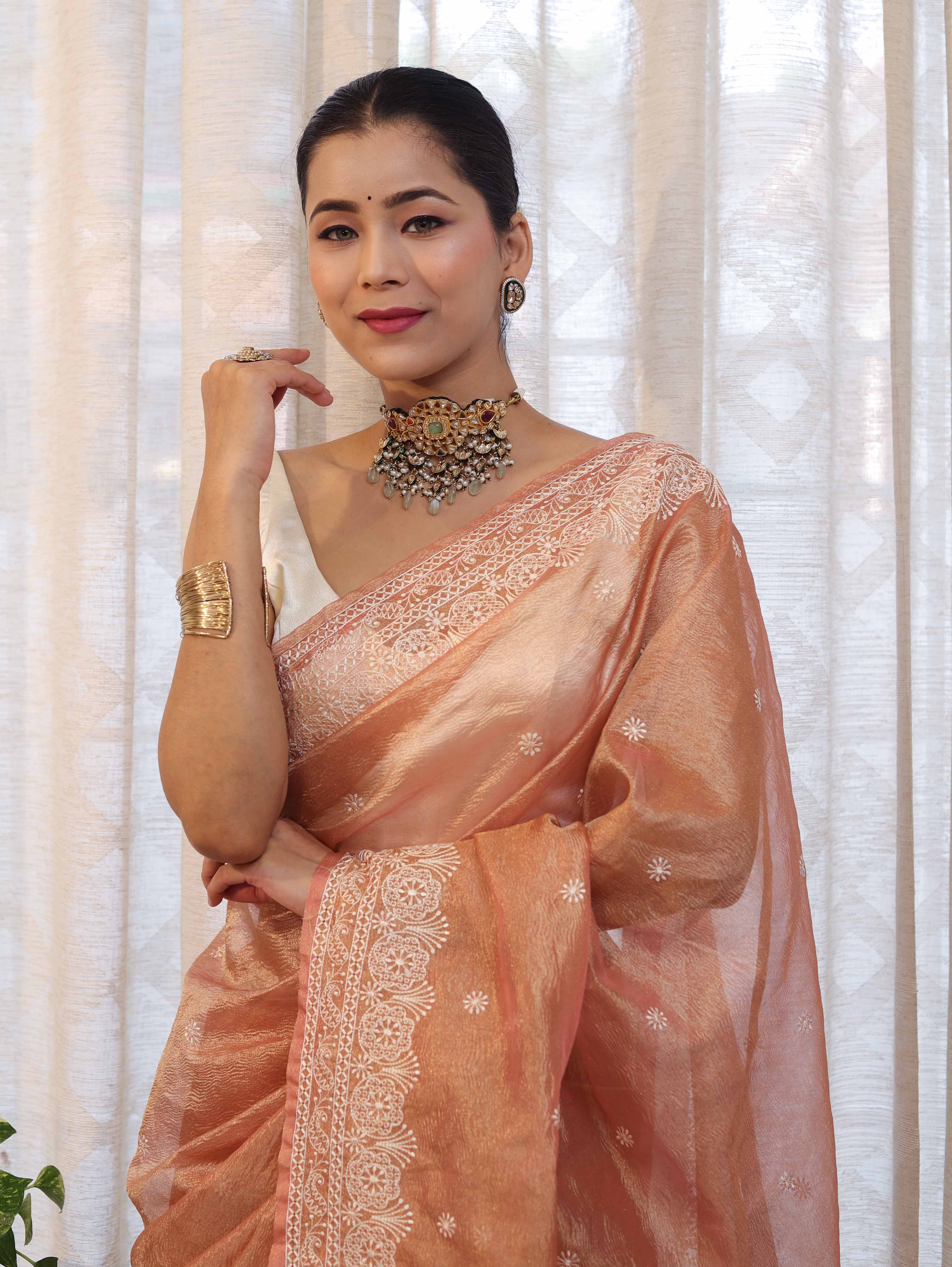 Banarasee Handwoven Crushed Tissue Saree With Hand Embroidered Buti Design & Border-Rust