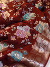 Banarasee Handloom Pure Chiniya Silk Saree With Zari & Meena Work-Dark Maroon