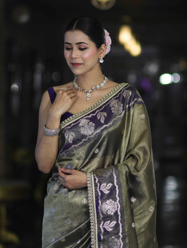 Banarasee Handloom Tissue Saree With Buti Design Contrast Border & Lace-Olive Green