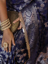 Banarasee Handwoven Semi Silk Saree With Zari Jaal Design & Lace-Navy Blue