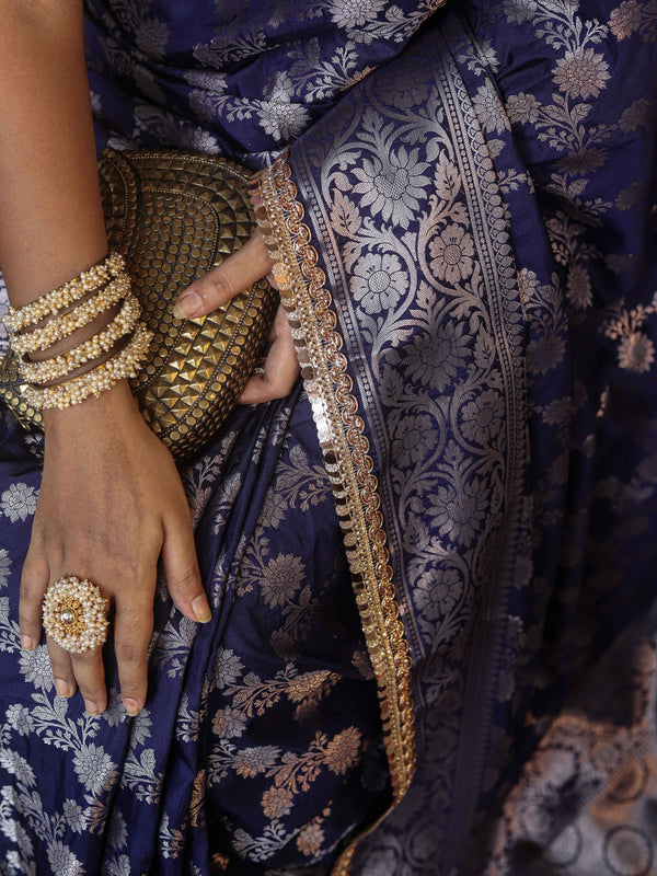 Banarasee Handwoven Semi Silk Saree With Zari Jaal Design & Lace-Navy Blue