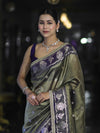 Banarasee Handloom Tissue Saree With Buti Design Contrast Border & Lace-Olive Green