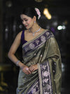 Banarasee Handloom Tissue Saree With Buti Design Contrast Border & Lace-Olive Green
