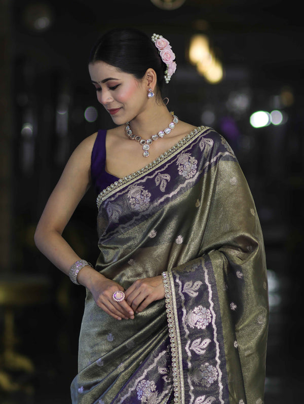 Banarasee Handloom Tissue Saree With Buti Design Contrast Border & Lace-Olive Green