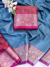 Banarasee Jamewar Tanchoi Soft Silk Saree with Contrast Border-Sky Blue & Magenta