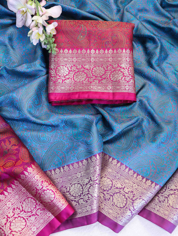 Banarasee Jamewar Tanchoi Soft Silk Saree with Contrast Border-Sky Blue & Magenta