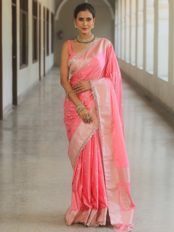 Banarasee Handloom Mashru Silk Saree Zari Border With Lace-Baby Pink