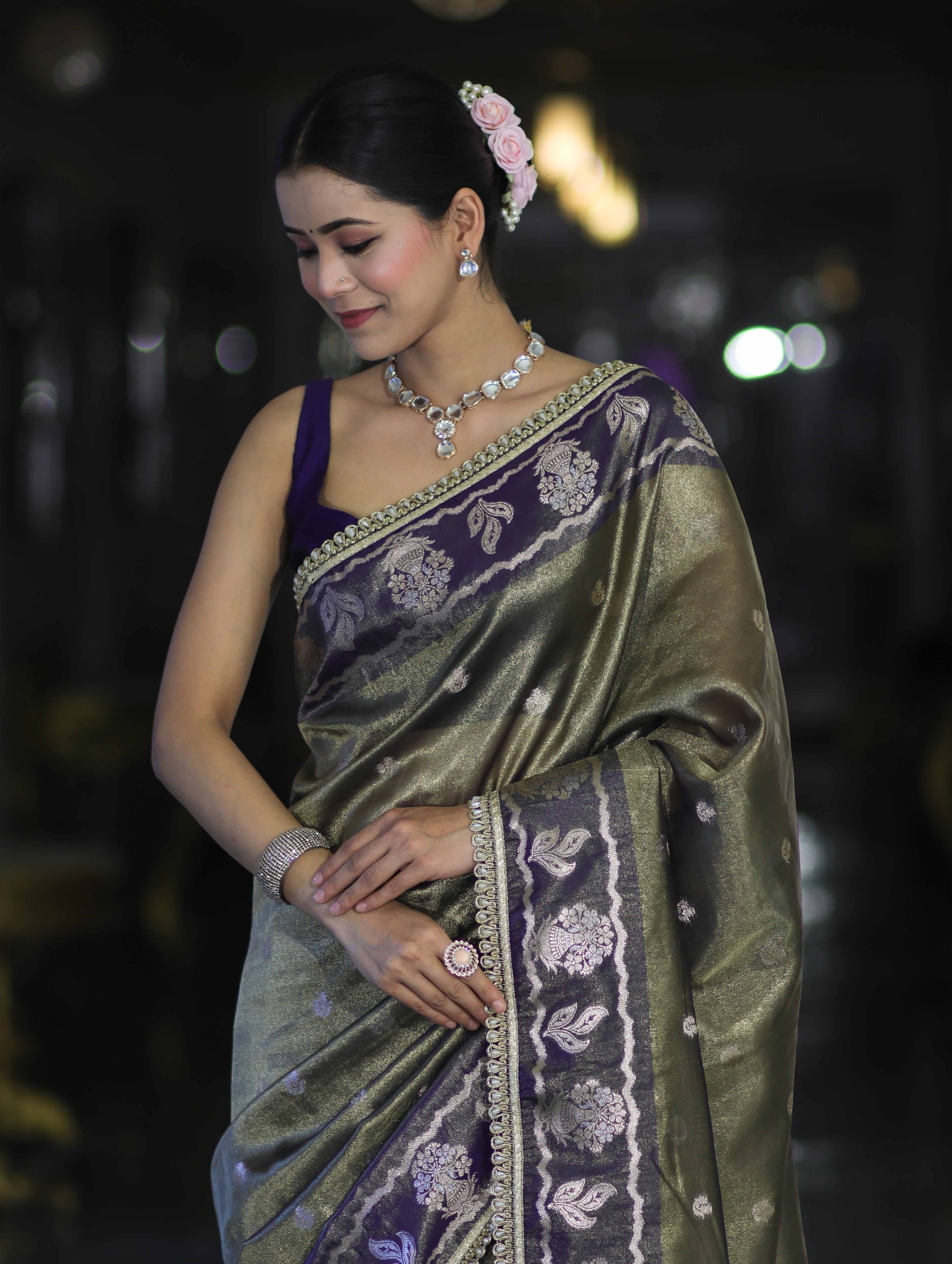 Banarasee Handloom Tissue Saree With Buti Design Contrast Border & Lace-Olive Green