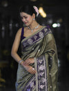 Banarasee Handloom Tissue Saree With Buti Design Contrast Border & Lace-Olive Green