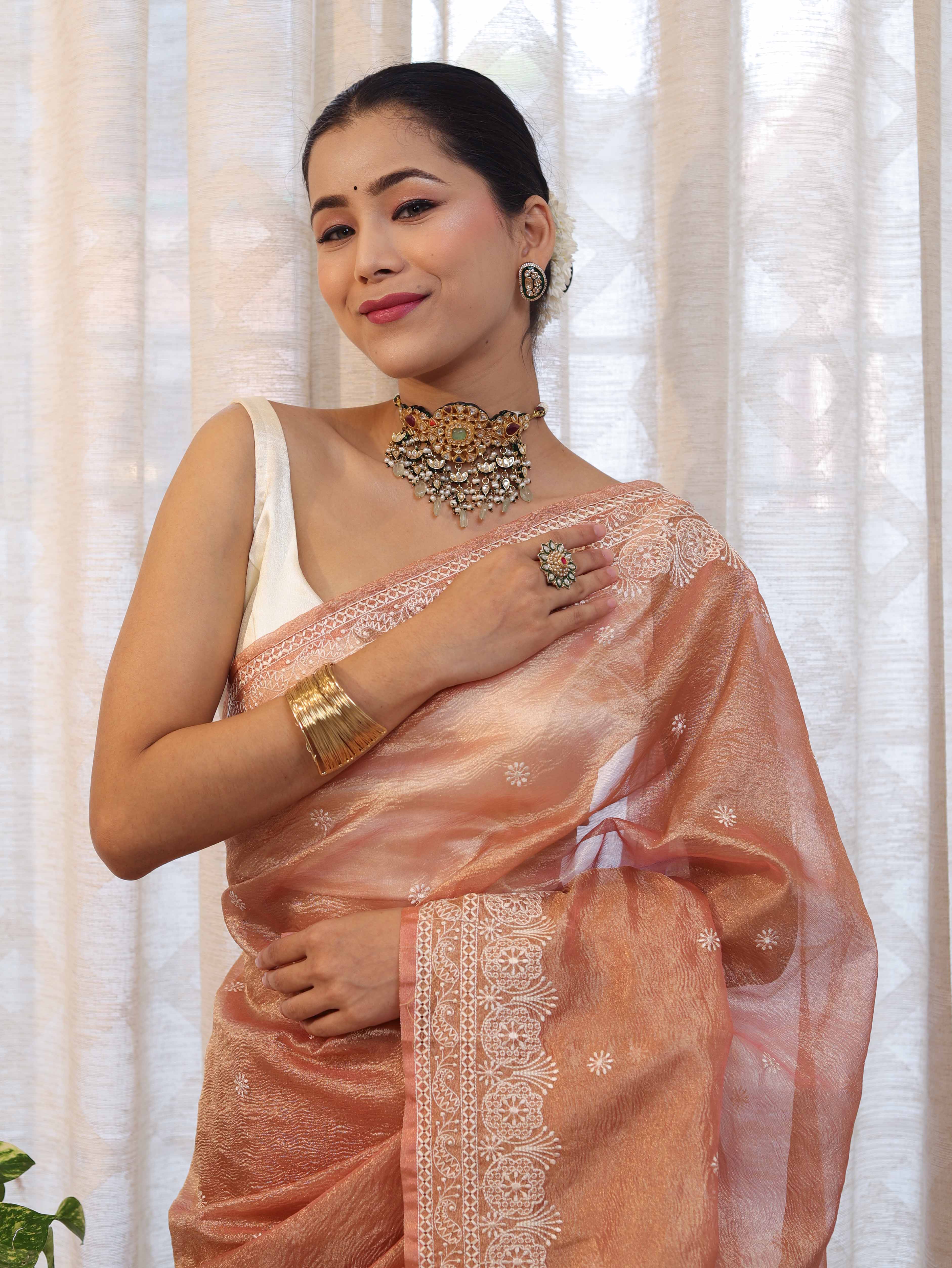 Banarasee Handwoven Crushed Tissue Saree With Hand Embroidered Buti Design & Border-Rust