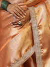 Banarasee Handwoven Tissue Saree With Zari Jaal Design & Lace-Rust