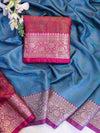 Banarasee Jamewar Tanchoi Soft Silk Saree with Contrast Border-Sky Blue & Magenta