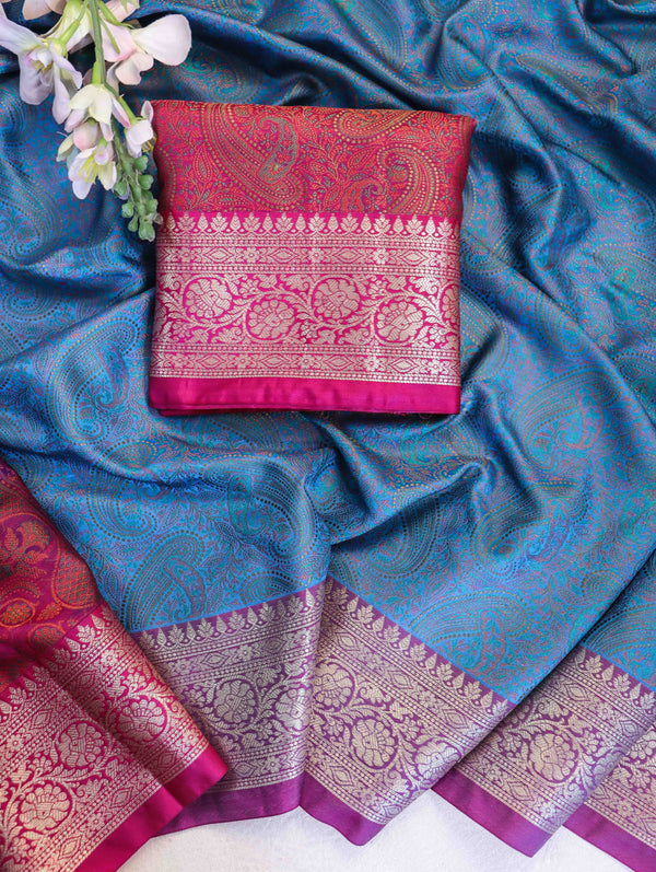 Banarasee Jamewar Tanchoi Soft Silk Saree with Contrast Border-Sky Blue & Magenta