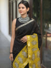 Handloom Maheshwari Silk Bagru Block Printed Mirror Work Saree-Black